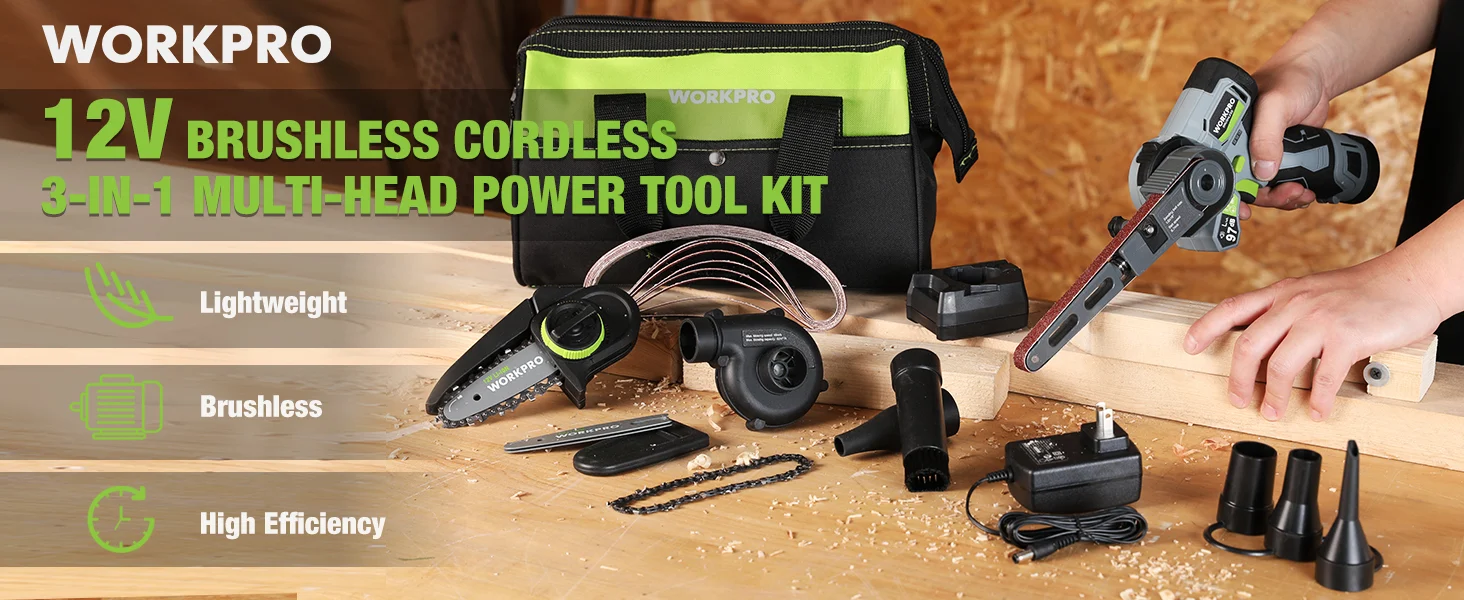 Power tool kit with Workpro bag on woodworkbench, showing innovation and quality with cordless grinder and bits