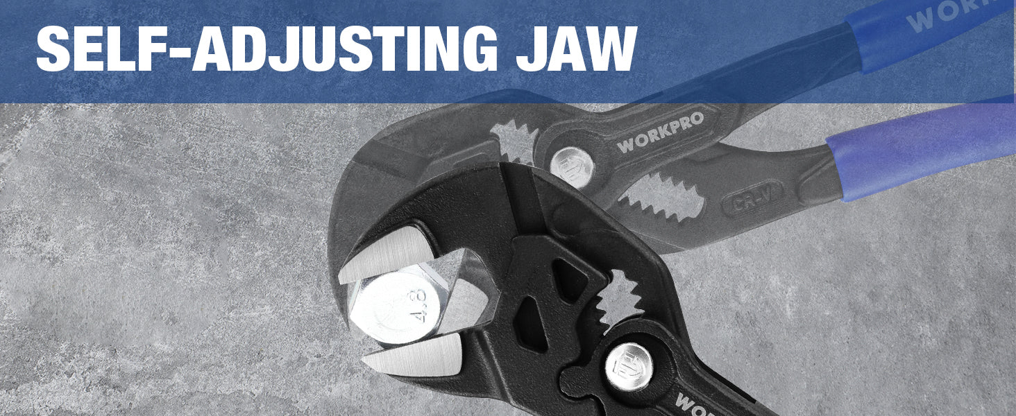 Self-adjusting jaw tool with blue handle, showing metal blades and serrated jaws on a gray concrete background