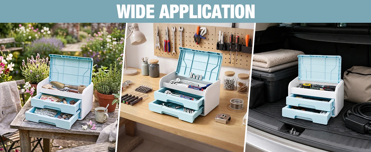 Toolbox with open blue organizer trays showing screws and hand tools, wide application innovation and quality