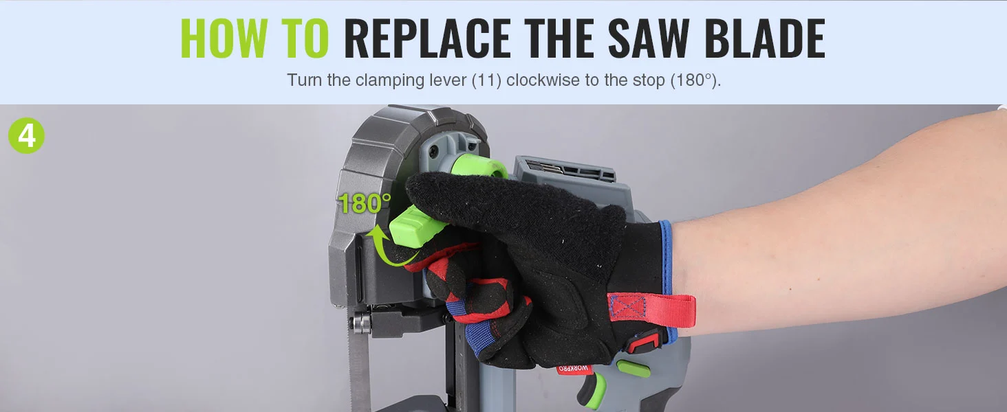 Gloved hand turning a saw blade clamping lever clockwise to 180 degrees, showing durable secure tool operation