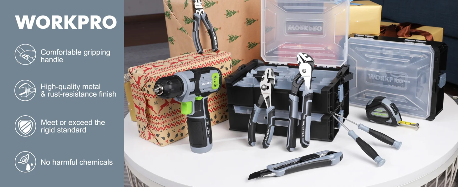 Tool set with drill, pliers, and wrenches in a clear case, showing innovation and high-quality durable design