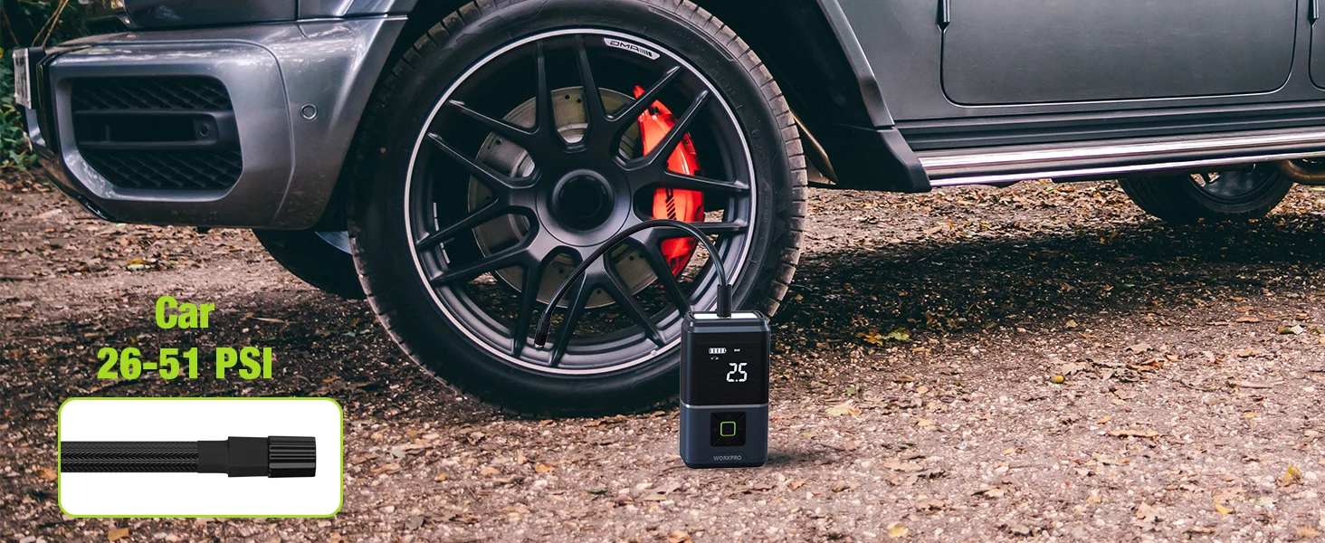 Car wheel and tire on gravel with a digital tire pressure gauge showing 25 PSI near the rim