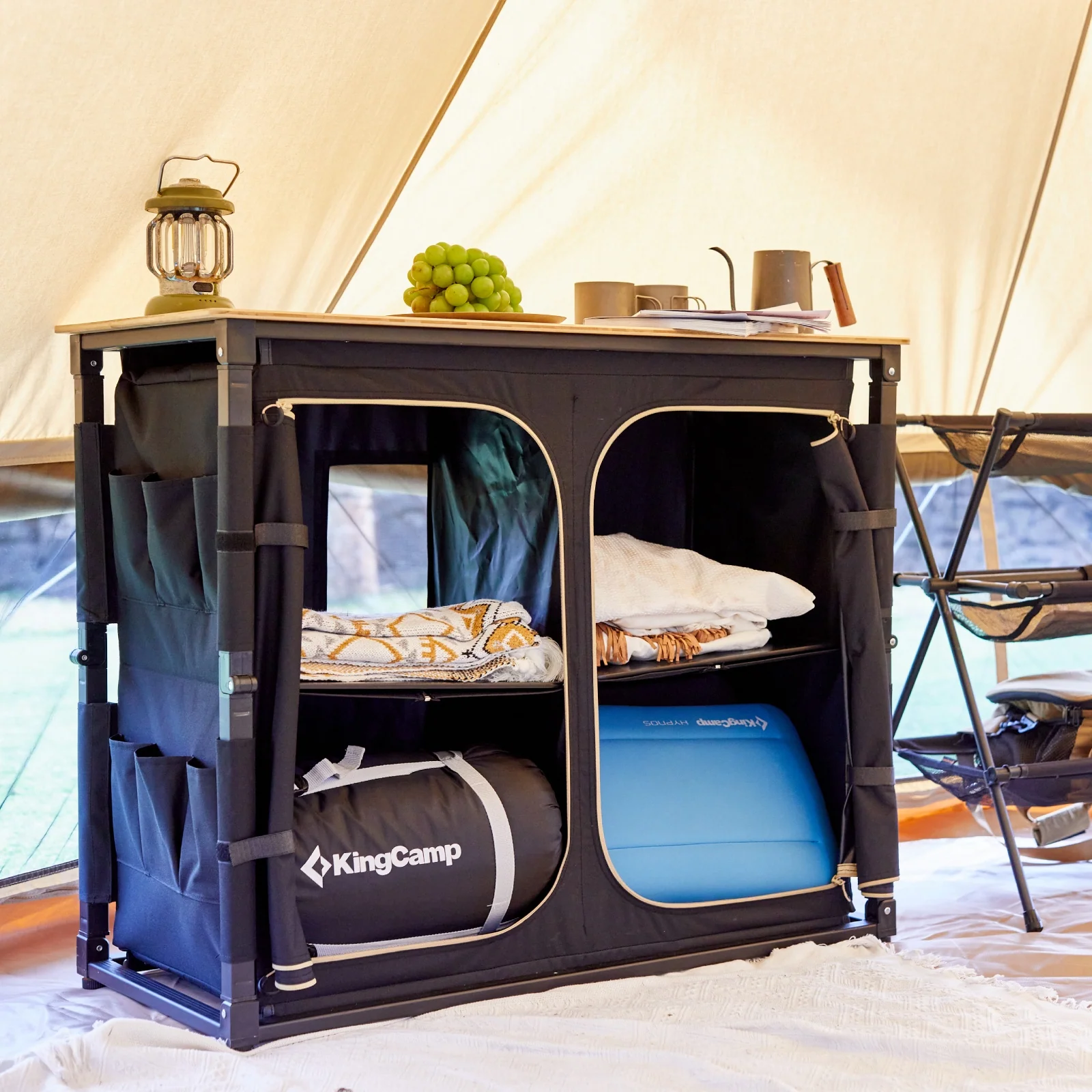 KingCamp Bamboo Camping Kitchen Table with Lantern Stand